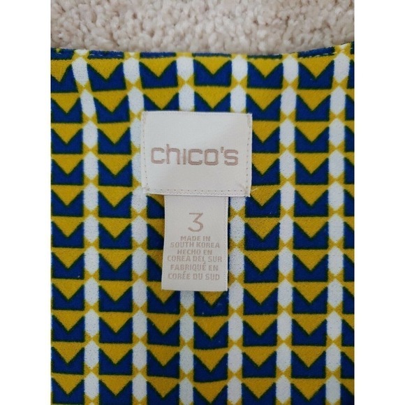 Chico's ~Woman Size 3~ Yellow/Blue Flare Top Blouse, Stretch, 3/4 Sleeve. - Picture 5 of 12
